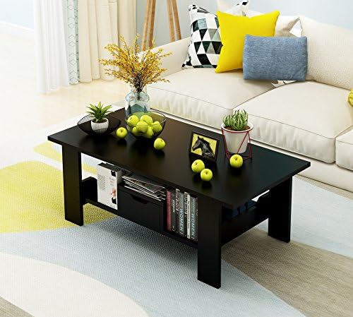 Vanimeu, Modern Design Wood Coffee Table Tea Desk Stationery For Writing Area Lightweight Large Storage Space with Drawer (black 120*60cm)