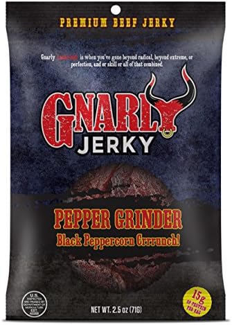 Gnarly Jerky Pepper Grinder Flavor Premium Beef Jerky 2.5oz - 15g of Protein per Bag