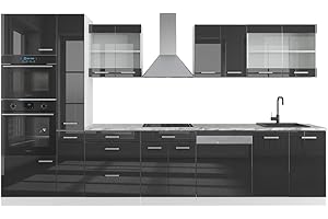 Vicco Mueble de Cocina R-Line, Antracita Brillo Intenso/Blanco, 350 cm con Armario Alto, ET Mármol