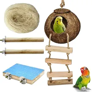 Hamiledyi Natural Coconut Bird Nest with Ladder, Hanging Fiber Shell Birds House Parrot Hut Pets Hideaway Avians Perch Stand Platform for Parakeet Lovebirds Canary