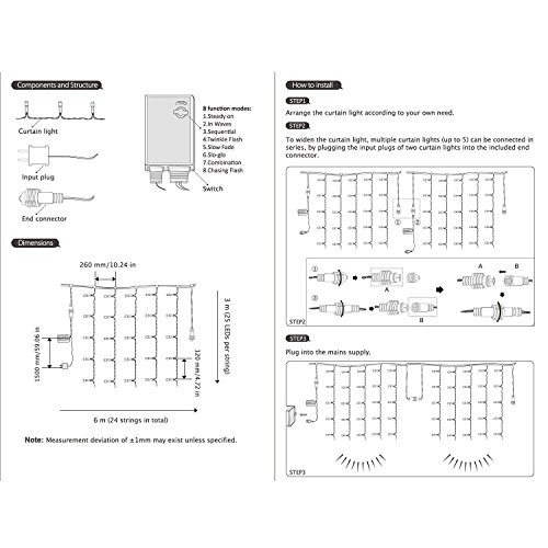 Vorhänge beleuchtet KingTop Lichterkette 3 m * 3 M 304 LEDs 8 Modi Licht-Vorhang Icicle für Dekoration Innen, Außen, Schlafzimmer, Hochzeit, Weihnachten, Abend, Party [Energieeffizienzklasse A +] Warmweiß - 7