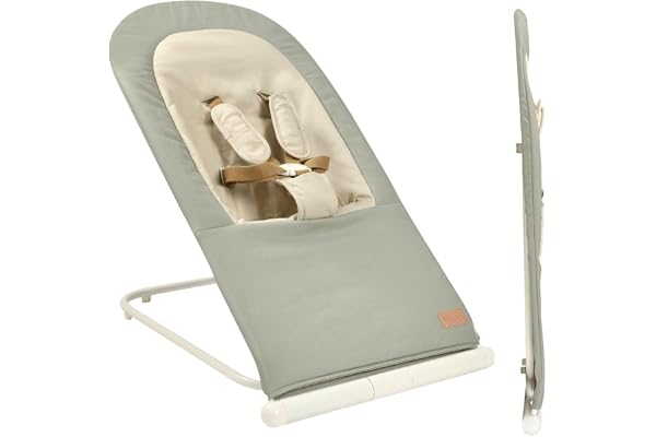 BÉABA, Chaise longue pliante pour enfant, 3 positions avec 1 bouton, ultra compacte, ceinture de sécurité à 5 points, 100% coton, jusqu'à 15 kg, housse de transport incluse, Eazy Relax - Lichen