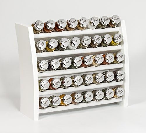 40 Jar Wooden Kitchen Spice Rack filled with Herbs and Spices + 2 Glass Jars Absolutely FREE! Made In EU- Poland- 40F-white, silver glossy caps