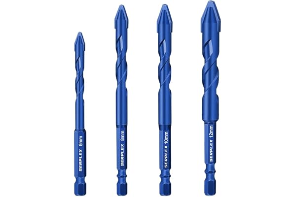 Serplex 4Pcs Drill Bits Set Rugged Cemented Carbide Drill Bits 6mm/8mm/10mm/12mm Drill Bits for Glass, Marble, Cement, Concrete, Universal 1/4'' Hex Drill Bits Power Drill Accessories