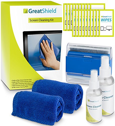 GreatShield Screen Cleaning Kit with 2 Bottles of Solution (60ml and 120ml), 2 Microfiber Cloths, 20 Non-Alcohol Screen Cleaning Wipes, and Brush for Laptops, PC monitors, Smartphones, Tablets, iPhone, iPad, LED, TVs, DSLR Cameras, Camcorders