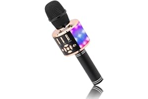 BONAOK Microphone Bluetooth sans Fil, Micro Enfants avec Lumières LED, Mini Machine Karaoké pour Fête/Maison/Anniversaire, Compatible avec Bluetooth iOS Android (Or Noir)