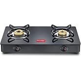 Prestige IRIS Toughened Glass-Top 2 Brass Burner LPG Gas Stove | Black | Spill Proof | Ergonomic Knobs | Tri-Pin Brass Burner