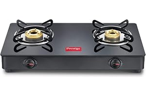 Prestige IRIS Toughened Glass-Top 2 Brass Burner LPG Gas Stove | Black | Spill Proof | Ergonomic Knobs | Tri-Pin Brass Burners |Open