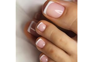 MORNERY 24Pcs French Tip False Toenails - Short Square Nude Pink Fake Toe Nail/White French Tip Press on Toenails - Acrylic Full Cover Fake Toenails Nail Art Set for Women Girls (Pink & White Toenails)