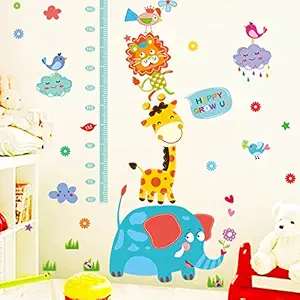 Decals Design Cute Elephant Giraffe Cartoon Animals Height Scale Wall Sticker (PVC Vinyl, 50 cm x 70 cm x 1 cm), Multicolour