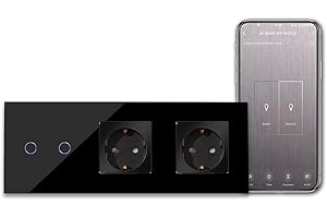 CNBINGO Interruptor de luz inteligente WiFi/WLAN con enchufe doble, táctil con Alexa/Google Home, Smart Light Switch 2 bandas de 1 vía de 16 Amp Negro - No se requiere una escalera neutral