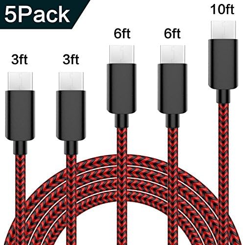 ActionPie USB Type C Cable 5-Pack(3/3/6/610ft) USB C Cable Nylon Braided Long Cord USB Type A to C Fast Cable for Macbook, LG G6 V20 G5,Google Pixel, Nexus 6P 5X, Samsung Galaxy S8+(Black&amp;Red)