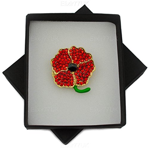 NEW BOXED POPPY GOLD BROOCH RED DIAMANTE CRYSTALS FLOWER PIN BADGE BROACH IN BLACK PRESENTATION BOX UK SELLER