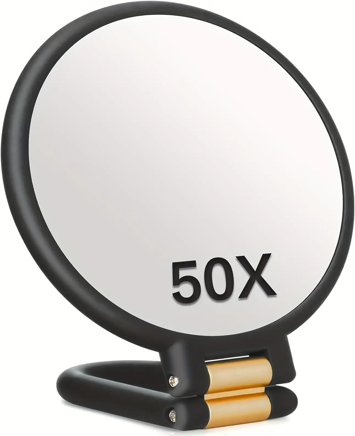 Espejo de mano con asa, doble cara de 50 aumentos y 1 aumento, espejo plegable para maquillaje, viajes, montaje en pared, uso en escritorio (negro)