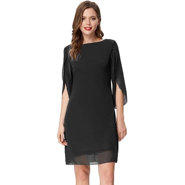AOWVUTS Elegante Cocktailjurken A-lijn chiffon Shift Jurken 3/4 Mouw Ronde Hals Midi Ocassion Jurk Flutter Mouw Formele Trendy Party Bruiloft Gast Avondjurk, Zwart, XL