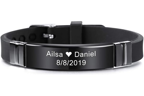 MeMeDIY 13mm Large Identification De Nom De Sport Réglable en Silicone Bracelet Personnalisé pour Homme Femme Enfant Caoutchouc en Acier Inoxydable - Gravure Personnalisée