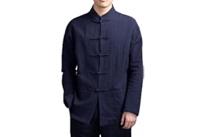 HEIBTENY Veste d'uniforme chinois Tang pour homme - Manteau traditionnel Kung Fu Tai Chi - Couleur unie - Manches longues (L - Bleu marine)
