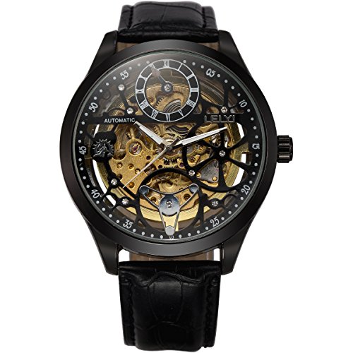 ManChDa Mens Schwarz Leder Automatische Mechanische Armbanduhr Skelett Sie Goldene Bewegung + Geschenk-Box ManChDa Mens Schwarz Leder Automatische Mechanische Armbanduhr Skelett Sie Goldene Bewegung + Geschenk-Box