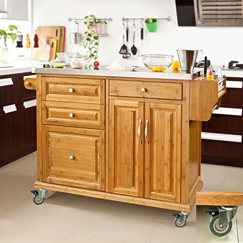 SoBuy® Luxus-Küchenwagen aus hochwertigem Bambus mit Edelstahlarbeitsplatte,Kücheninsel,Küchenschrank,B129xT46xH91cm FKW14-N