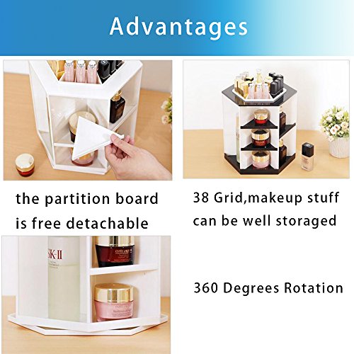 Dproptel 360 Grad Drehbarer Kosmetikorganizer Make Up Organizer Einstellbarer Multifunktionale Aufbewahrungsbox für Schminktisch Aufbwahrung (weiß+schwarz) - 5