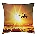 Produktbild Kaixin J Scenery Decor Throw Pillow Cushion Cover, Aeroplane Aircraft Widebody Jet Flying on Air Rising Sun with Fluffy Clouds Art, Decorative Square Accent Pillow Case, 18 X 18 inches, Multi