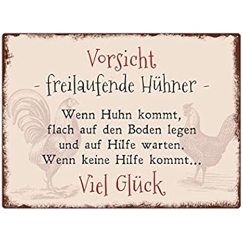 Interluxe Wandschild Metallschild Vorsicht Freilaufende Hühner Deko Huhn Lustig