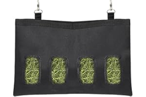 JOCXZI Rabbit Hay Bag Guinea Pig Feeding Station, 4 Window Hay Feed Bag Storage Hanging Feed Bag for Small Animals, for Rabbit Chinchilla Hamster Small Animals, Black