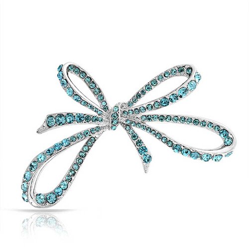 Bling JewelryWinter Holiday Blue White Glittering Crystal Bridal Fashion Large Statement Ribbon Scarf Bow Brooch Pin For Women Rose Gold or Silver Plated