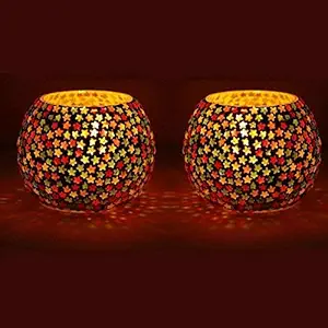 Pack of 2 Mosaic Glass Tealight Candle Holders for Side or Center Table Dining Room Lighting Home Decoration and Gifts, Diwali Decoration, Christmas Decoration and Gifts(Glass, Pack of 2)