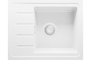 PRIMAGRAN Fregadero Cocina Todo Blanco 55x44cm, Granito 1 Seno + Sifón, Sobre encimera al mueble 45cm - Copenhague Easy S008