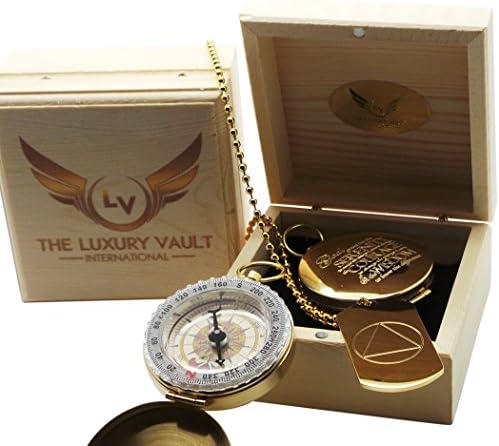 TLVT Sobriety AA Engraved Gift Set Brass Compass and Recovery Gift Gold Plated Dog Tag Necklace Serenity Prayer
