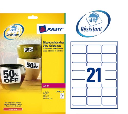 Avery Etiquetas de poli  ster blanco - Etiquetas de impresora  Color blanco  Etiqueta para impresora autoadhesiva  A4  Poli  ster  Laser  Rect  ngulo 