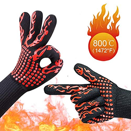 Aiqulai Guantes Horno,Guantes Barbacoa y Guantes de Cocina para Barbacoa BBQ Guantes Resistentes al Calor hasta 500 °C/932 ° F-1 Par (Rojo)