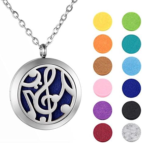 Zoiki Essential Oils Diffuser Music Note Locket Pendant Necklace 24" Lobster Claw Clasp Chain 12 Colors Oil Refill Pads with Velvet Gift Box