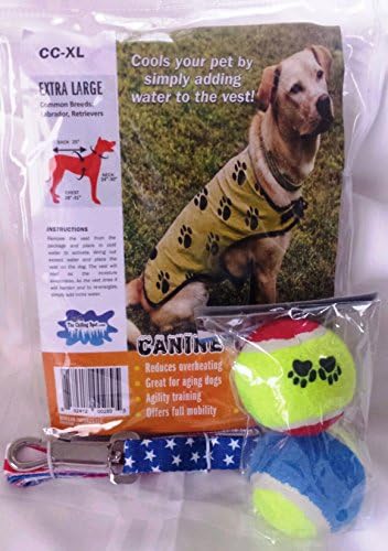 Dog Cooling Vest Bundle with two Tennis Balls and a 50" Patriotic Leash, Washable, Adjustable Velcro Straps, Reflective Night-time Trim,Yellow with Paw Prints, Vests (X-Large)