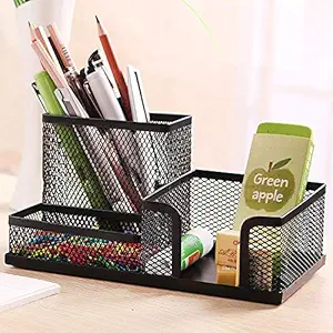 CLEMATIS Multi-Functional Metal Mesh 3 Compartment Desk Organizer Stationery Pen Stand for Office and Study Table (3 Compartment)