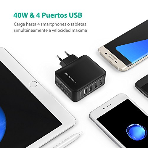 RAVPower Cargador de Pared con 4 Puertos 40W  USB iSmart 2 0  Conector Retr  ctil  Entrada 100-240V  Salida DC 5V   8A M  x  en Total y DC 5V   2 4A m  x  por puerto  - Negro