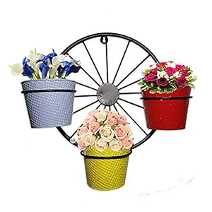 GIG Handicrafts Wheel Style Iron Wall Plant Stand with 3 Metal Planters for Wall Decor (48 cm x 17 cm x 41 cm, Black)
