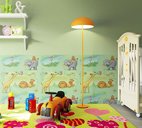 NEWROOM Kindertapete Hellgrün Papiertapete Blau,Grau,Grün,Orange,Pink,Weiß Kinder Tiere schöne moderne und edle Optik für Babys, Jungs oder Mädchen , inklusive Tapezier Ratgeber - 3