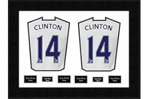 KWIK PICTURE FRAMING LTD READY MADE Dual FRAME FOR 2 SIGNED SHIRTS WITH FRONT MOUNT | Display Football, Rugby, Cricket T-shirt with 4 opening for Photos and 2 opening for Message, Fits 2 Shirts | White Mount and Black Frame
