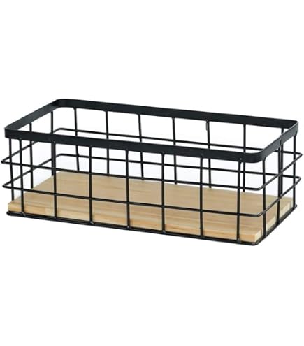Lot De 2 Paniers Métal Noir Décoratifs Avec Base Bois Amovible – Corbeilles Rangement Cuisine, Salle De Bain, Fruits, Collations & Déco Maison