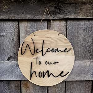 hanging round wood welcome shraddha artwork sign