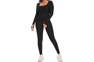 SHAPERIN Tuta Intera Donna Yoga Jumpsuit Colletto Quadrato Manica Lunga Costine Elastico Tutina Sportivo Rompers One Piece Leggings Palestra Bodysuit Long Sleeve
