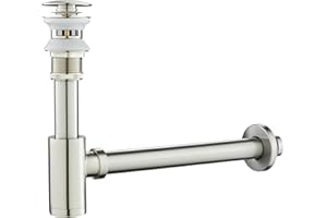 KINKIBOS Design Siphon mit Ablaufgarnitur mit Überlauf für Waschbecken, Universal Siphon für Waschbecken Bad, Messing Syphon Sifon Pop Up Abflussgarnitur Abfluss Waschbecken, Gebürstetes Nickell