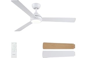CJOY 52'' White Ceiling Fans with Lights and Remote, Quiet Ceiling Fan 6 Speeds, Reversible DC, Dimmable 3CCT, Ceiling Fans with Lamps 3 Blades for a Slanted Ceiling Bedroom/Living Room/Dormitory