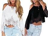 Bigood Schulterfrei Long Sleeve Lace Spitze Spleiss Damen Sommer T-Shirts Shirt Oberteil Hemd Blusen - 3