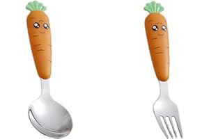 DAQIEPIN 2 Pièces Set de Couverts en INOX Enfant,Couverts Enfants en INOX, Fourchette et Cuillère pour Enfant Bébé Maison l'école Utilisation(Poignée Ronde, Carotte)