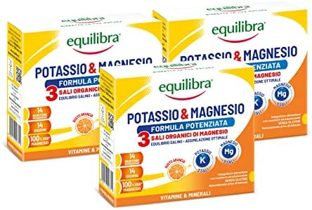 Equilibra Integratori Alimentari, Potassio e Magnesio 3 Formula Potenziata, Integratore Magnesio e Potassio per Reintegro Sali Minerali, Gusto Arancia, Senza Glutine e Lattosio, 3 Pezzi da 14 Bustine