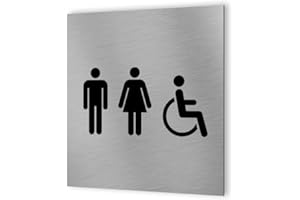 DECOHO - Pictogramme WC format 20 cm x 20 cm en Dibond Aluminium brossé - Modèle toilettes TRIO - Argent