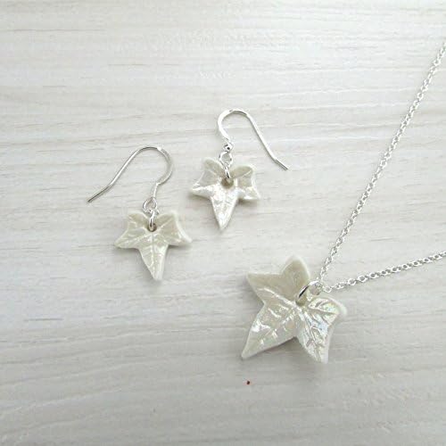 Ceramic Ivy Leaf Silver Earrings and Necklace Set 18 inches chain